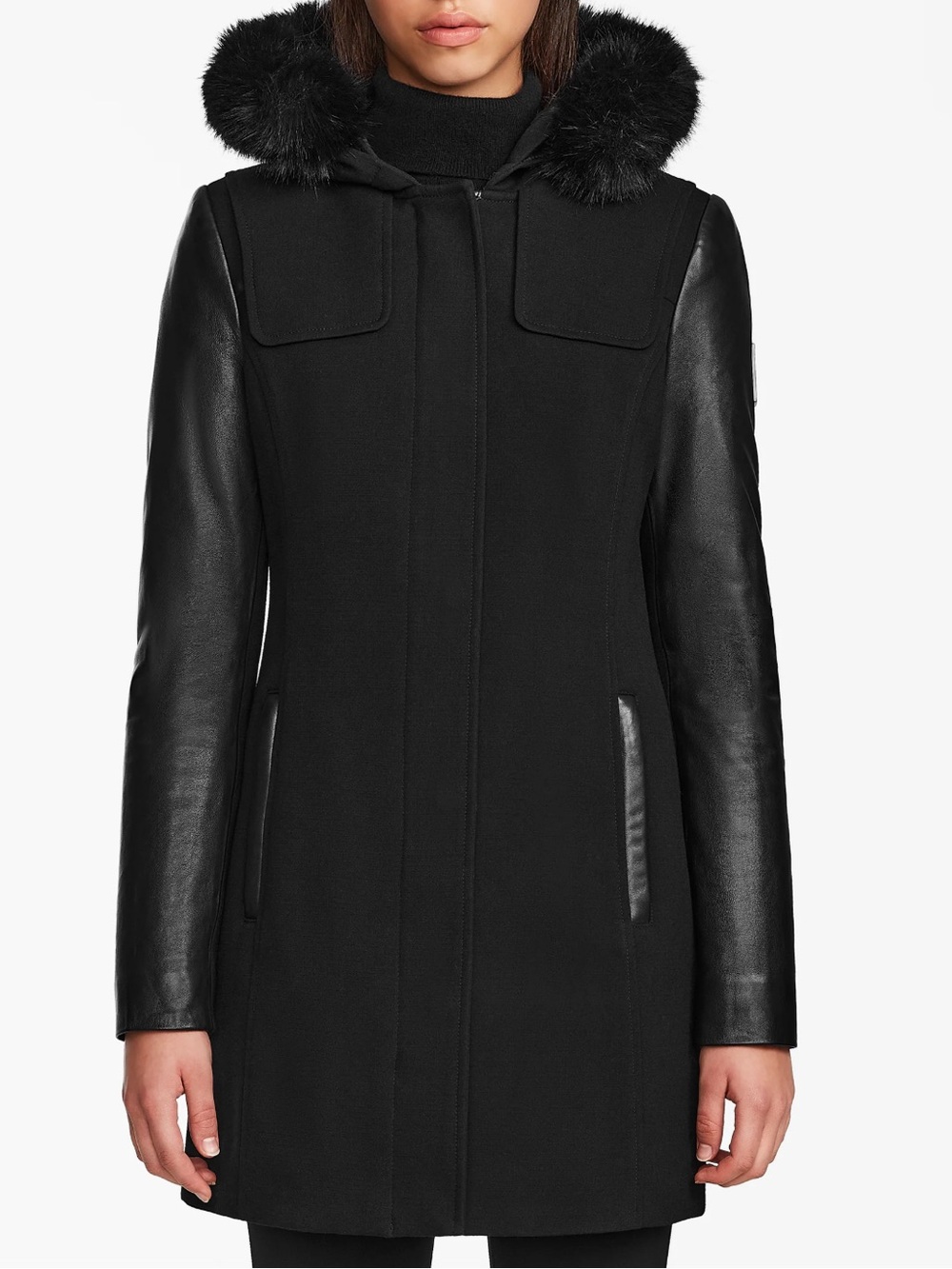 RUDSAK Sz S Black Winter Jacket Coat with Leather Sleeves & Fur hood Classic